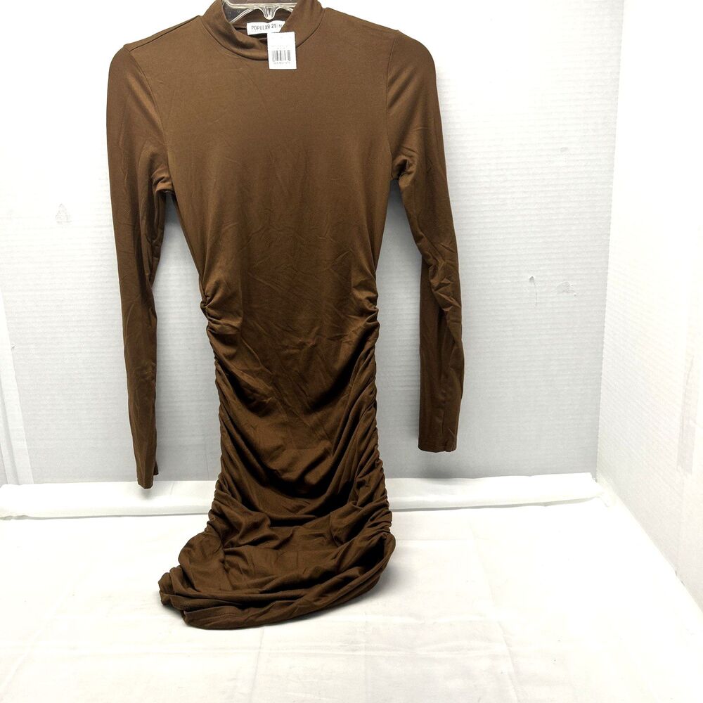 Popular 21 Long Sleeve Mock Tee Ruched Bodycon Dress, Size Med Mocha Brown New